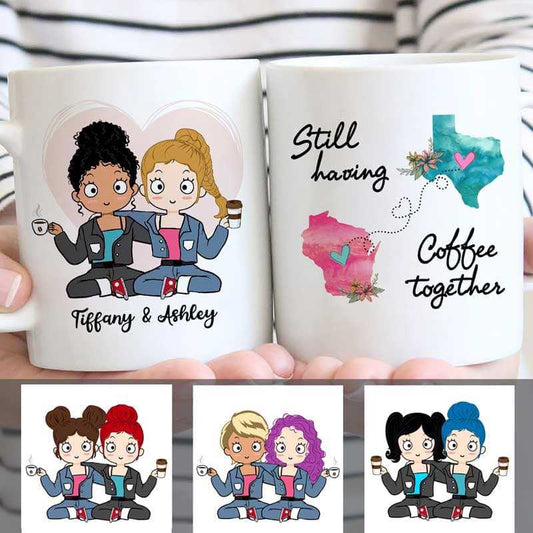 Mugs Still Having Coffee Together Long Distance Chibi Besties Personalized Mug 11oz