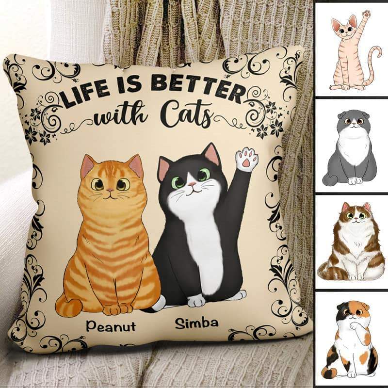 Pillow Life Is Better With Fluffy Sitting Cats Personalized Pillow (Insert Included) 18x18 / Linen