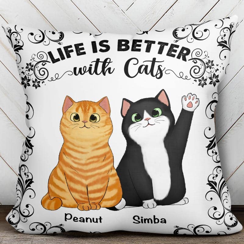 Pillow Life Is Better With Fluffy Sitting Cats Personalized Pillow (Insert Included)