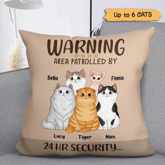 Pillow Warning Area Patrolled By Cats Personalized Pillow (Insert Included) 18x18 / Linen