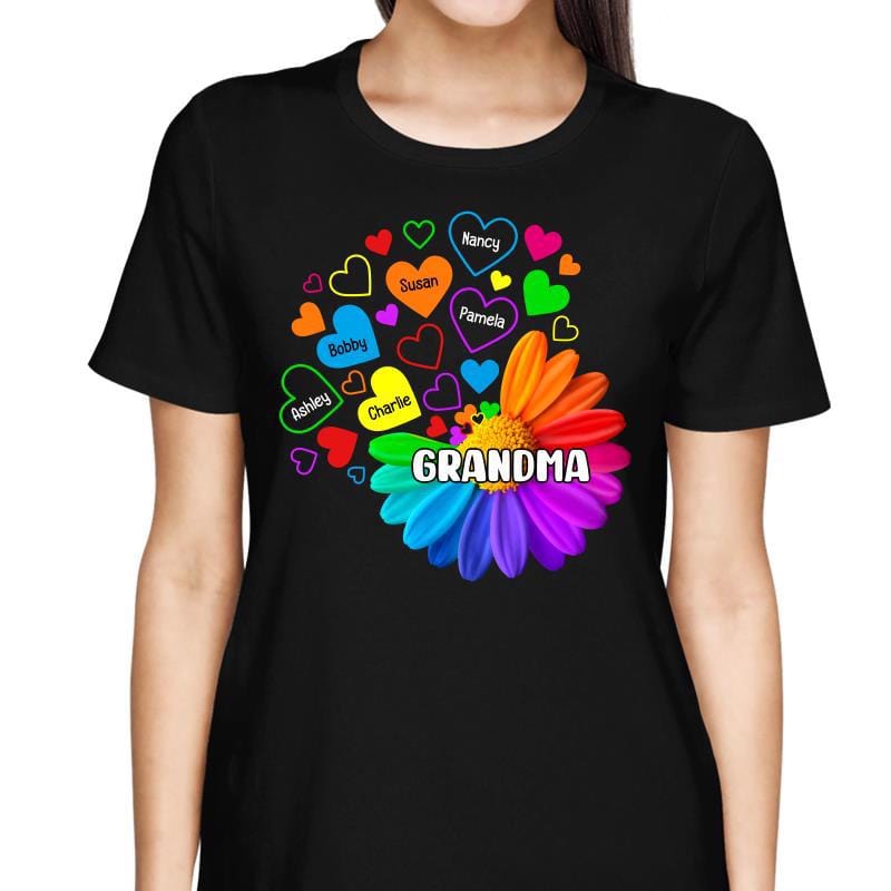 T-Shirt Grandma Colorful Daisy Flower Hearts Personalized Shirt