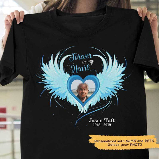T-shirts Forever In Our Hearts Angel Wings Photo Memorial Personalized Shirt Classic Tee / S / Black
