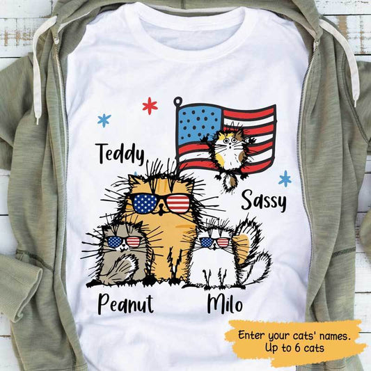 T-shirts Funny Cat American Glasses Personalized Cat Shirt Classic Tee / S / White