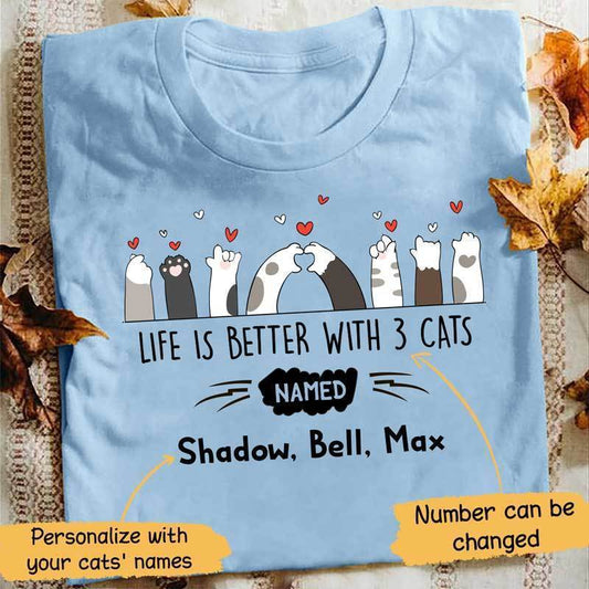 T-shirts Life Is Better Cat Paws Personalized Cat Shirt Classic Tee / S / Light Blue