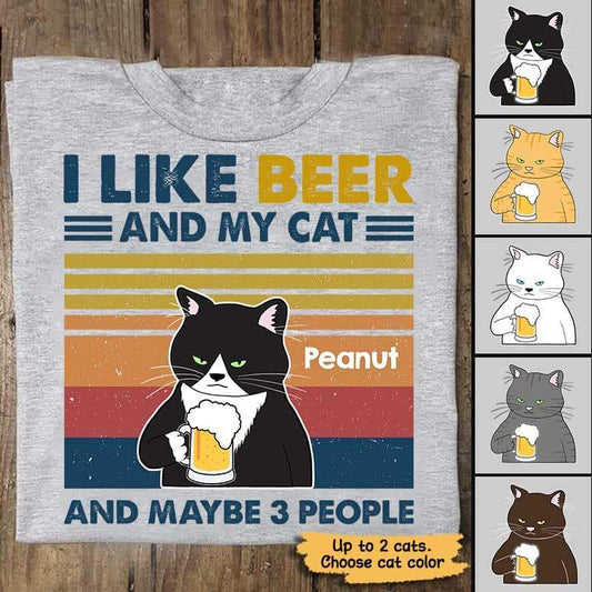 T-shirts Like Beer And My Cat Retro Personalized Shirt Classic Tee / S / Ash
