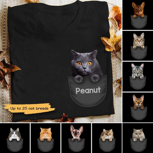 T-shirts Peeking Cat Pocket Personalized Cat Shirt Classic Tee / S / Black