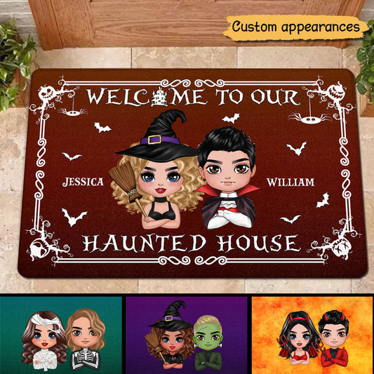 Welcome To Our Haunted House Doll Couple Halloween Personalized Doormat