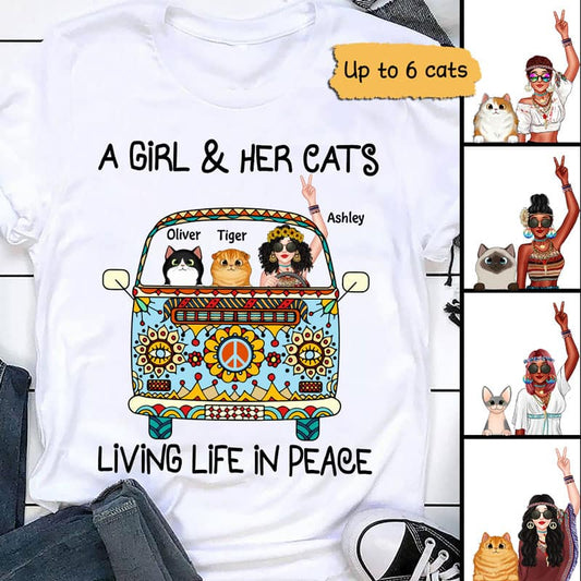 Girl & Fluffy Cats Living Life In Peace Bohemian Hippie Personalized Shirt