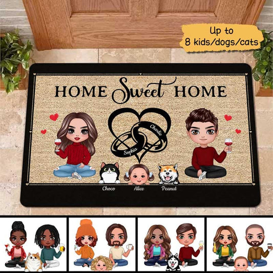 Heart Rings Doll Family Personalized Doormat