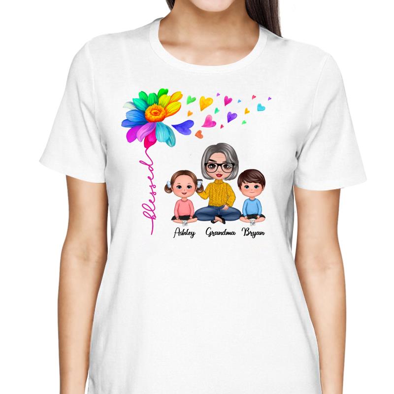 Colorful Flower Dandelion Doll Grandma And Grandkids Sitting Personalized Shirt