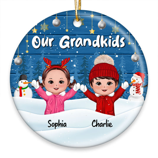 Happy Kids Playing In Snow Blue Wooden Personalized Circle Ornament